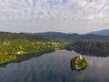 Bled, Slovenia - Aerial panoramic skyline view of Lake Bled Blejsko Jezero from high above with the Pilgrimage Church. Royalty Free Stock Photo