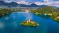 Bled, Slovenia - Aerial panoramic skyline view of Lake Bled Blejsko Jezero with the Pilgrimage Church of the Assumption of Maria Royalty Free Stock Photo