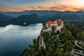 Bled, Slovenia - Aerial panoramic view of beautiful Bled Castle with Lake Bled, the Church of the Assumption of Maria Royalty Free Stock Photo