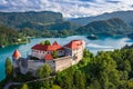 Bled, Slovenia - Aerial view of beautiful Bled Castle Blejski Grad with Lake Bled Blejsko Jezero on a bright summer day