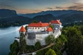 Bled, Slovenia - Aerial view of beautiful Bled Castle with Lake Bled and colorful sunset sky over Julian Alps Royalty Free Stock Photo