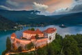 Bled, Slovenia - Aerial view of beautiful illuminated Bled Castle Blejski Grad with the Church of the Assumption of Maria