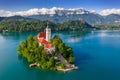 Bled, Slovenia - Aerial view of beautiful Lake Bled Blejsko Jezero with the Pilgrimage Church of the Assumption of Maria