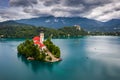 Bled, Slovenia - Aerial view of beautiful Lake Bled Blejsko Jezero with the Pilgrimage Church of the Assumption of Maria Royalty Free Stock Photo