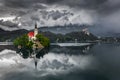 Bled, Slovenia - Aerial view of beautiful Lake Bled Blejsko Jezero with the Pilgrimage Church of the Assumption of Maria Royalty Free Stock Photo