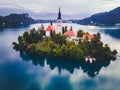 Bled, Slovenia - Aerial view of beautiful Pilgrimage Church of the Assumption of Maria on a small island at Lake Bled. Royalty Free Stock Photo