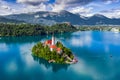 Bled, Slovenia - Aerial view of Lake Bled Blejsko Jezero with the Pilgrimage Church of the Assumption of Maria, pletna boats