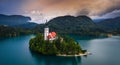 Bled, Slovenia - Aerial view of Lake Bled Blejsko Jezero with the beautiful Pilgrimage Church of the Assumption of Maria Royalty Free Stock Photo