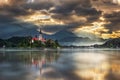 Bled, Slovenia - Amazing golden sunrise at Lake Bled Blejsko Jezero with the Pilgrimage Church of the Assumption of Maria Royalty Free Stock Photo