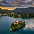 Bled, Slovenia - Beautiful aerial view of Lake Bled Blejsko Jezero with the Pilgrimage Church of the Assumption of Maria Royalty Free Stock Photo