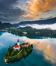 Bled, Slovenia - Beautiful aerial view of Lake Bled Blejsko Jezero with the Pilgrimage Church of the Assumption of Maria Royalty Free Stock Photo