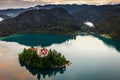 Bled, Slovenia - Beautiful aerial view of Lake Bled Blejsko Jezero with the Pilgrimage Church of the Assumption of Maria Royalty Free Stock Photo