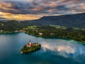 Bled, Slovenia - Beautiful aerial view of Lake Bled Blejsko Jezero with the Pilgrimage Church of the Assumption of Maria