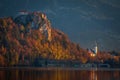Bled, Slovenia - Beautiful autumn sunrise at Lake Bled with Bled Castle and church