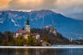 Bled, Slovenia - Beautiful autumn sunrise at Lake Bled with the famous Pilgrimage Church of the Assumption of Maria Royalty Free Stock Photo