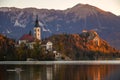 Bled, Slovenia - Beautiful autumn sunrise at Lake Bled with the famous Pilgrimage Church of the Assumption of Maria Royalty Free Stock Photo