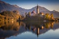 Bled, Slovenia - Beautiful autumn sunrise at Lake Bled with the famous Pilgrimage Church of the Assumption of Maria Royalty Free Stock Photo