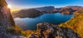 Bled, Slovenia - Beautiful autumn sunrise at Lake Bled on a panoramic shot with Pilgrimage Church of the Assumption of Maria