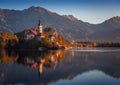 Bled, Slovenia - Beautiful autumn sunrise at Lake Bled with theBled, Slovenia - Beautiful autumn sunrise at Lake Bled with the fam