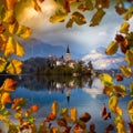 Bled, Slovenia - Beautiful autumn sunrise at Lake Bled with the famous Pilgrimage Church of the Assumption of Maria Royalty Free Stock Photo