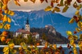 Bled, Slovenia - Beautiful autumn sunrise at Lake Bled with the famous Pilgrimage Church of the Assumption of Maria Royalty Free Stock Photo