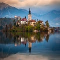 Bled, Slovenia - Beautiful autumn sunrise at Lake Bled with the famous Pilgrimage Church of the Assumption of Maria Royalty Free Stock Photo