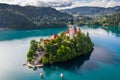 Bled, Slovenia - Beautiful morning at Lake Bled Blejsko Jezero with the Pilgrimage Church of the Assumption of Maria