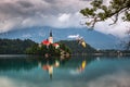 Bled, Slovenia - Beautiful morning view of Lake Bled Blejsko Jezero with the Pilgrimage Church of the Assumption of Maria