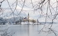 BLED, SLOVENIA - JANUARY 2015: view over Gothic church on the lake island
