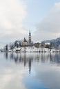 BLED, SLOVENIA - JANUARY 2015: view over Gothic church on the lake island