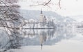 BLED, SLOVENIA - JANUARY 2015: view over Gothic church on the lake island