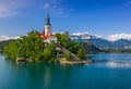 Bled, Slovenia - Lake Bled Blejsko Jezero with the Pilgrimage Church of the Assumption of Maria, pletna boats, Bled Castle