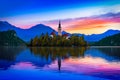 Bled, Slovenia. Morning view of Bled Lake, island and church with Julian Alps in background