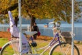 BLED, SLOVENIA - October 9, 2018: View to lake from parked bicycle Royalty Free Stock Photo