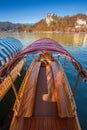 Bled, Slovenia - Traditional slovenian pleatna boat at Lake Bled Blejsko jezero
