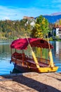 Bled, Slovenia view with castle and boat