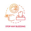 Bleeding stop tips concept icon. Emergency medical course, first aid training, injury compression, bandage applying thin