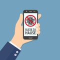 Bleib zu hause, Stay home on German language text on phone screen, flat style illustration