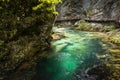 Blejski Vintgar, Slovenia - May 18, 2019 : tourists photographing and hiking on a footbridge, sightseeing scenic beautiful Vintgar