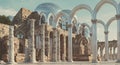 A blend of classical and futuristic architecture showcases weathered stone ruins