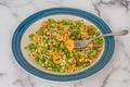 Blend of couscous, orzo, garbanzo beans, red quinoa cooked with shrimps and served with green peas and green onion close up on a p Royalty Free Stock Photo