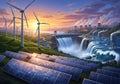 Blend of renewable and traditional energy sources is set against a Royalty Free Stock Photo