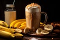 Blended Banana Coffee on a dark background. Cold banana coffee Royalty Free Stock Photo