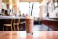 blended chocolate milkshake in tall glass with straw