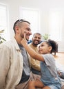 Blended family, gay father and makeup with a daughter in the living room of her home for princess fantasy. LGBT, love or Royalty Free Stock Photo