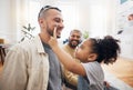 Blended family, gay parents and makeup with a girl in the living room of her home for princess fantasy. LGBT, love or Royalty Free Stock Photo