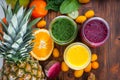Blended green, yellow and purple smoothie with ingredients