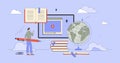 Blended learning with hybrid education tiny person neubrutalism concept