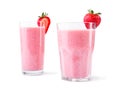 Blended strawberry drinks in glasses. A couple of organic smoothies isolated on a white background. Healthy beverages. Royalty Free Stock Photo