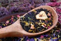 Blended tea with flower petals and dried fruit in a wooden spoon. close up Royalty Free Stock Photo